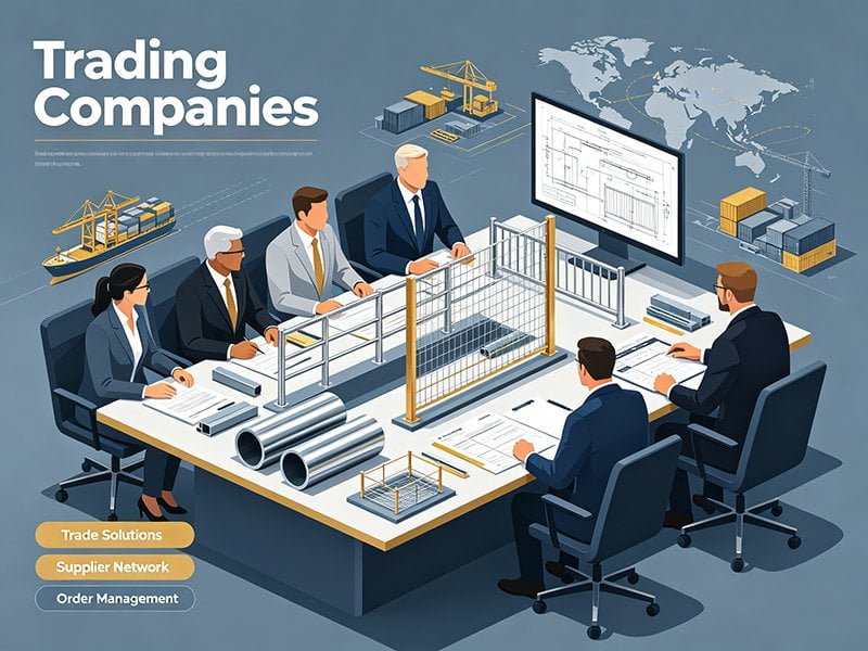 International trading company representatives reviewing fencing specifications